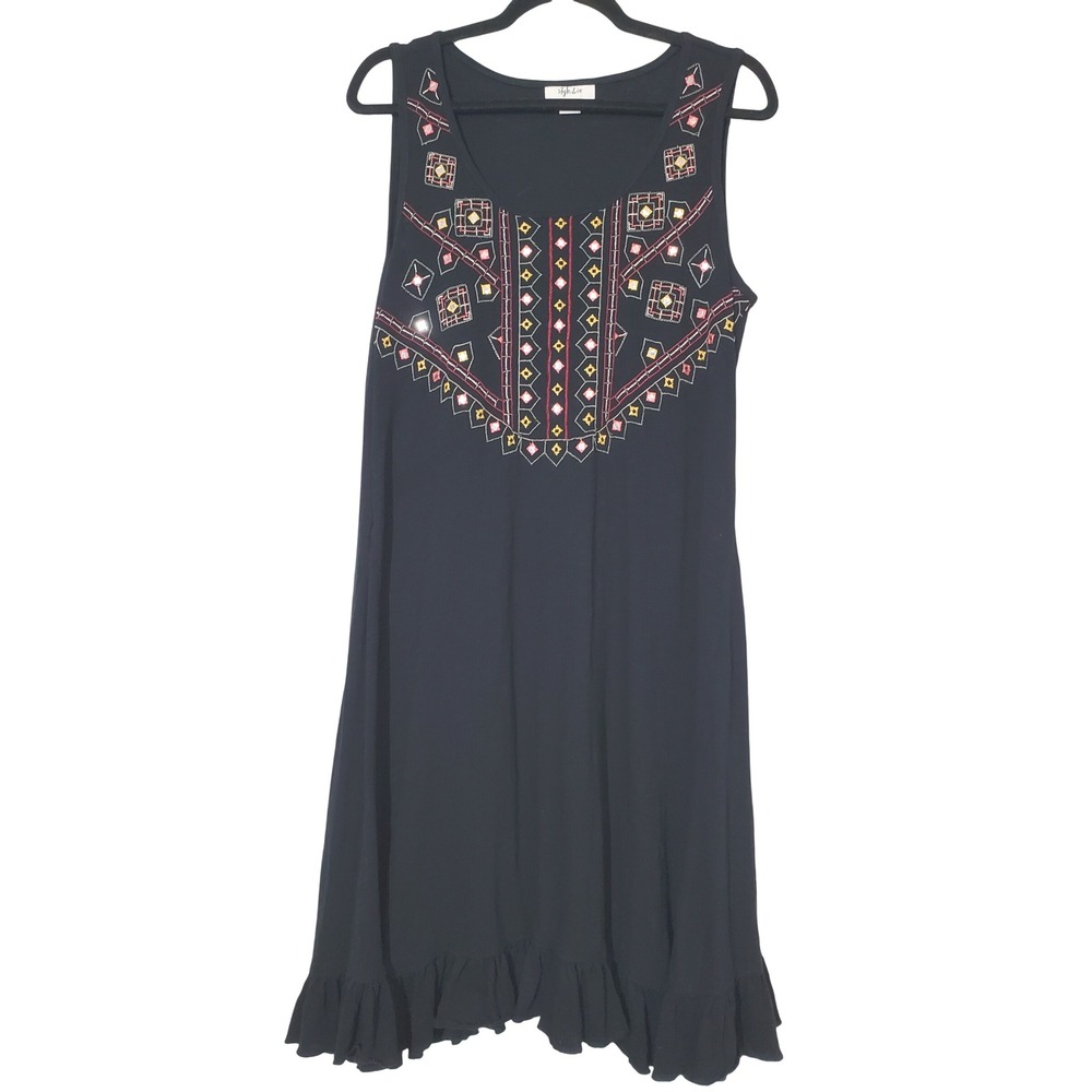 Style & Co Black‎ Embroidered Ruffle Hem Sleeveless Dress Women's Medium MIDI